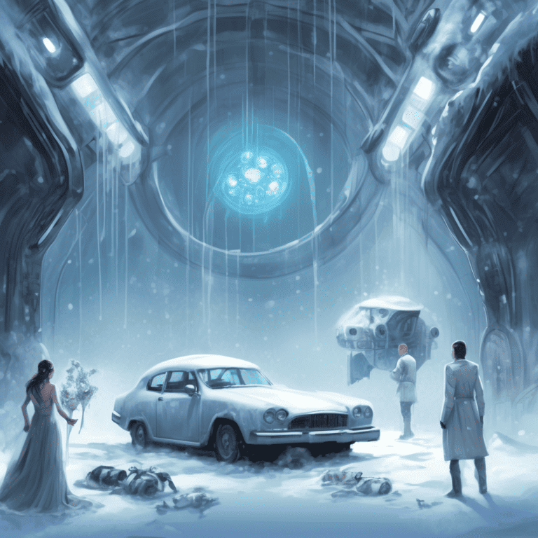 Imagined AI depiction of the book "Bridesicle" by Will McIntosh, encapsulating the essence of this hugo-1999 award winning novel.