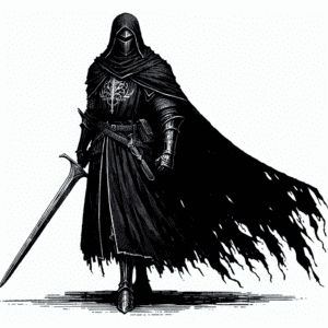 Imagined AI depiction of The Black Knight from "Seasons of Glass and Iron" by Amal El-Mohtar, encapsulating the essence of this iconic archetype of Antagonist in the narrative.