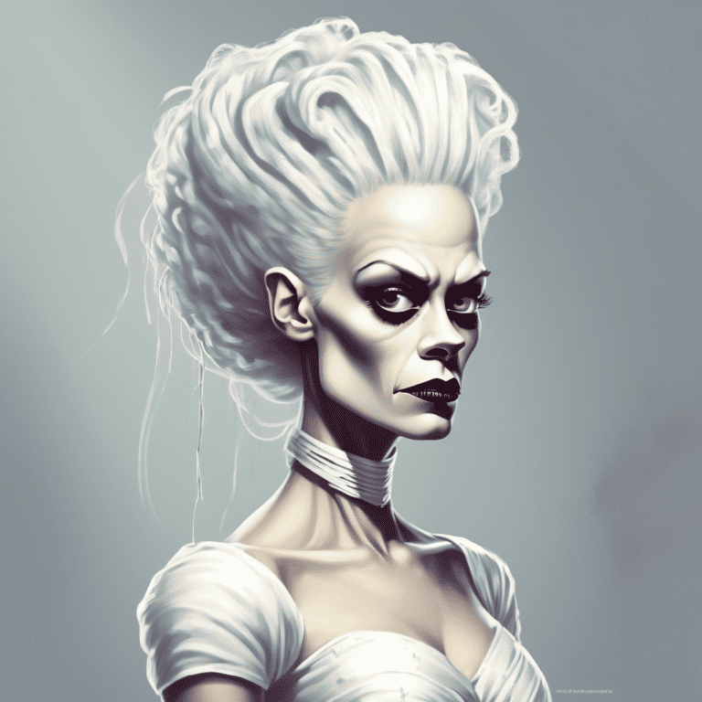 Imagined AI depiction of The Bride from "The Bride of Frankenstein" by Mike Resnick, encapsulating the essence of this iconic archetype of {'value': 'Monster', 'rendered': 'Monster'} in the narrative.