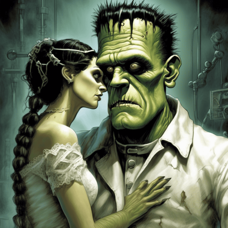 Imagined AI depiction of the book "The Bride of Frankenstein" by Mike Resnick, encapsulating the essence of this hugo-1999 award winning novel.