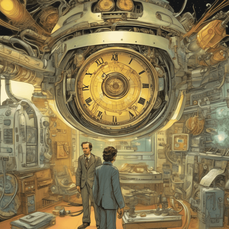 Imagined AI depiction of the book "The Accidental Time Machine" by Joe Haldeman, encapsulating the essence of this nebula-2008 award winning novel.