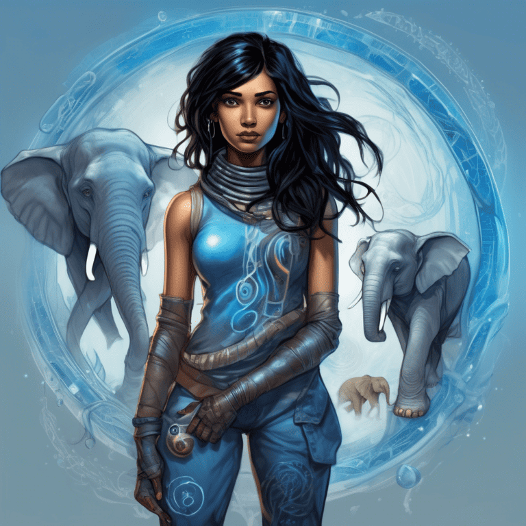 Imagined AI depiction of Nyla Patel from "The Elephants on Neptune" by Mike Resnick, encapsulating the essence of this iconic archetype of Young Linguist in the narrative.