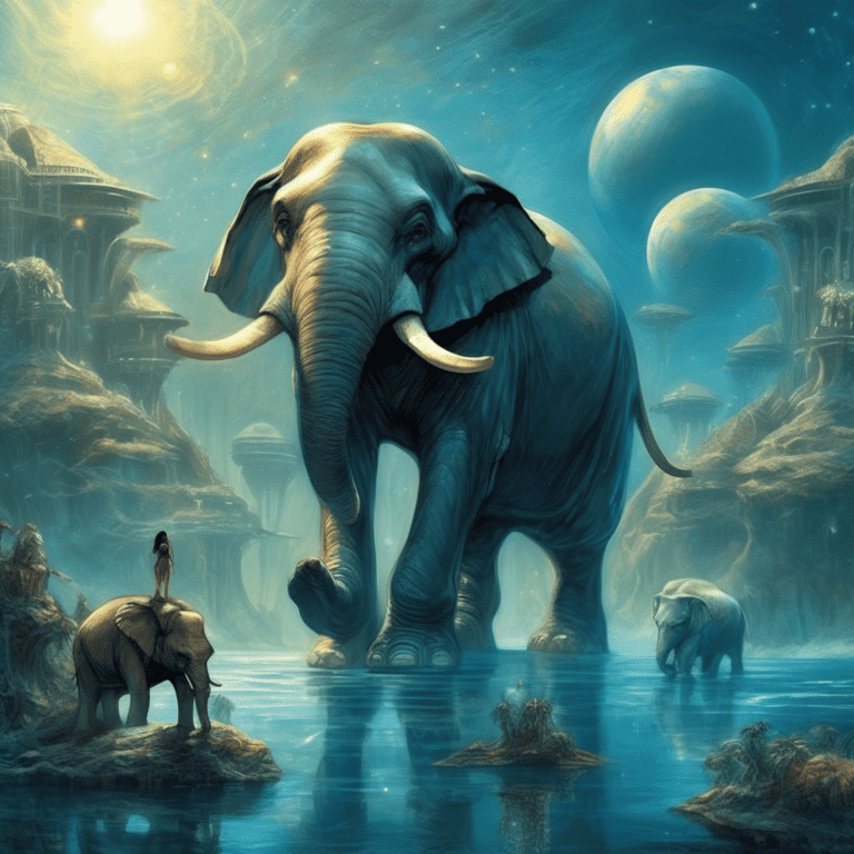 Imagined AI depiction of the book "The Elephants on Neptune" by Mike Resnick, encapsulating the essence of this hugo-2002 award winning novel.