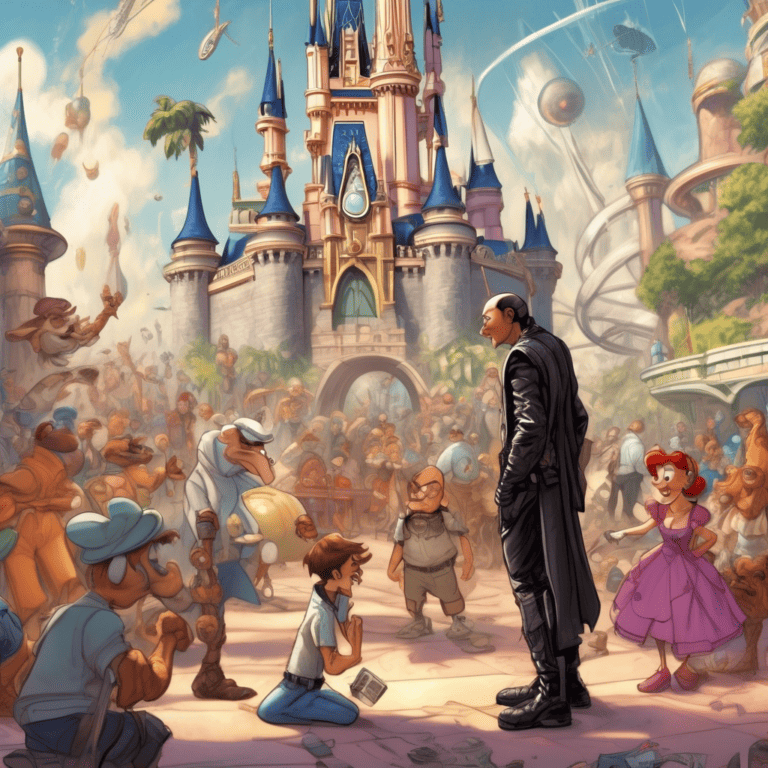 Imagined AI depiction of the book "Down and Out in the Magic Kingdom" by Cory Doctorow, encapsulating the essence of this nebula-2004 award winning novel.