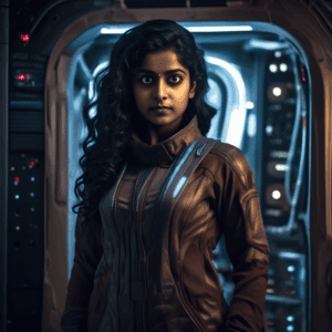 Imagined AI depiction of Nithya Selvanathan from "Machinehood" by S.B. Divya, encapsulating the essence of this iconic archetype of Activist/Technologist in the narrative.