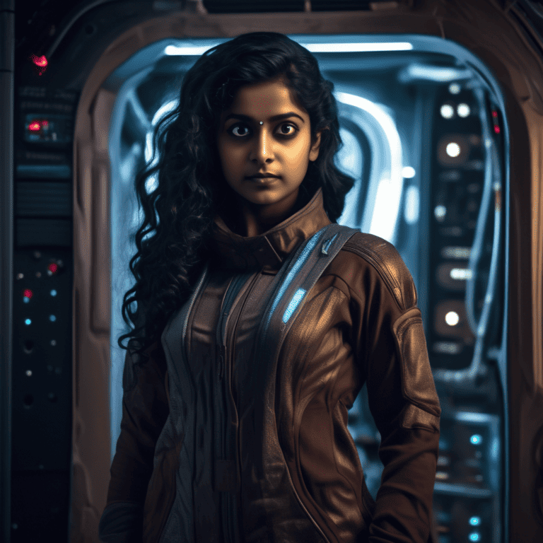 Imagined AI depiction of Nithya Selvanathan from "Machinehood" by S.B. Divya, encapsulating the essence of this iconic archetype of Activist/Technologist in the narrative.