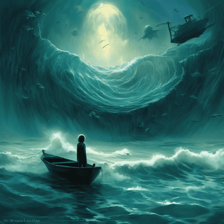 Imagined AI depiction of the book "The Ocean at the End of the Lane" by Neil Gaiman, encapsulating the essence of this nebula-2014 award winning novel.