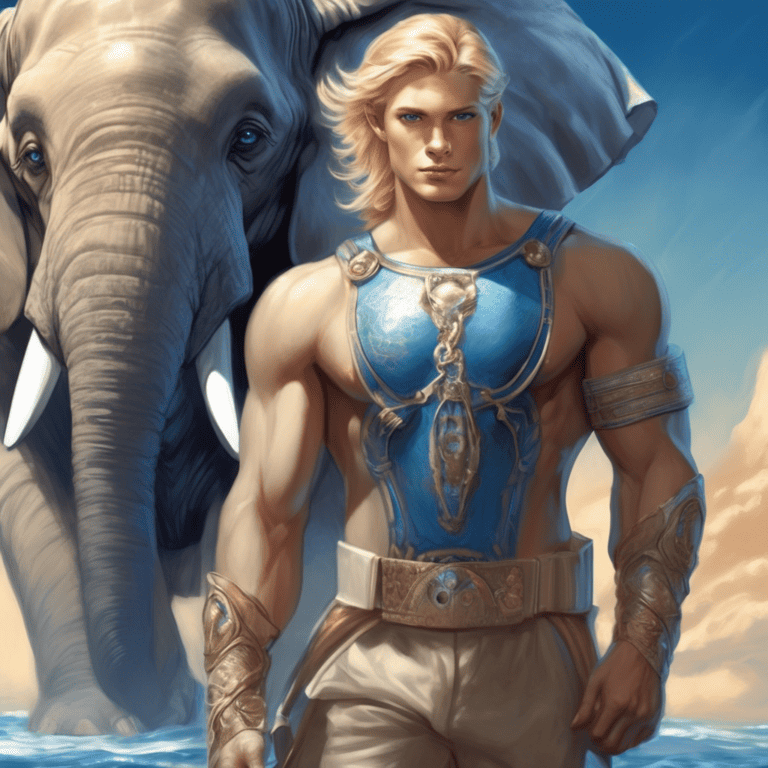 Imagined AI depiction of Tavian Harlow from "The Elephants on Neptune" by Mike Resnick, encapsulating the essence of this iconic archetype of Advocate for Interspecies Diplomacy in the narrative.