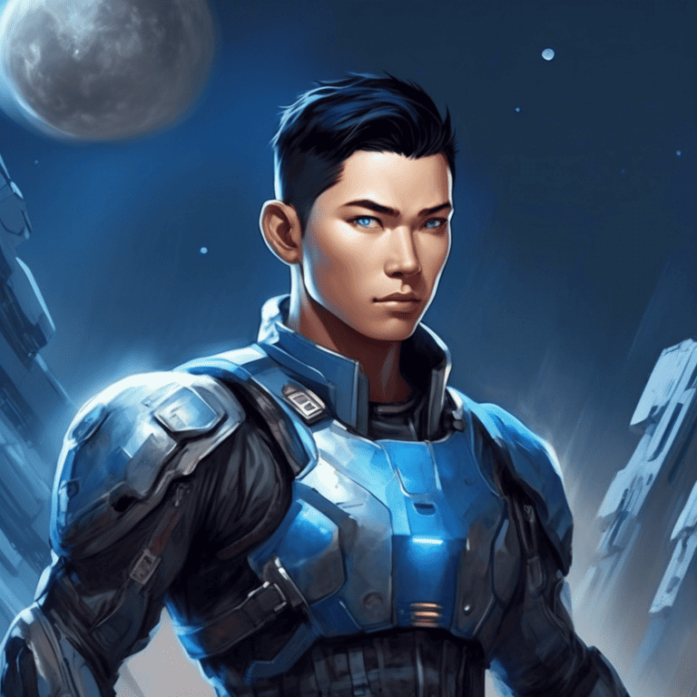 Imagined AI depiction of Lieutenant Marcus Chen from "To Crush the Moon" by Wil McCarthy, encapsulating the essence of this iconic archetype of Pilot/Navigator in the narrative.