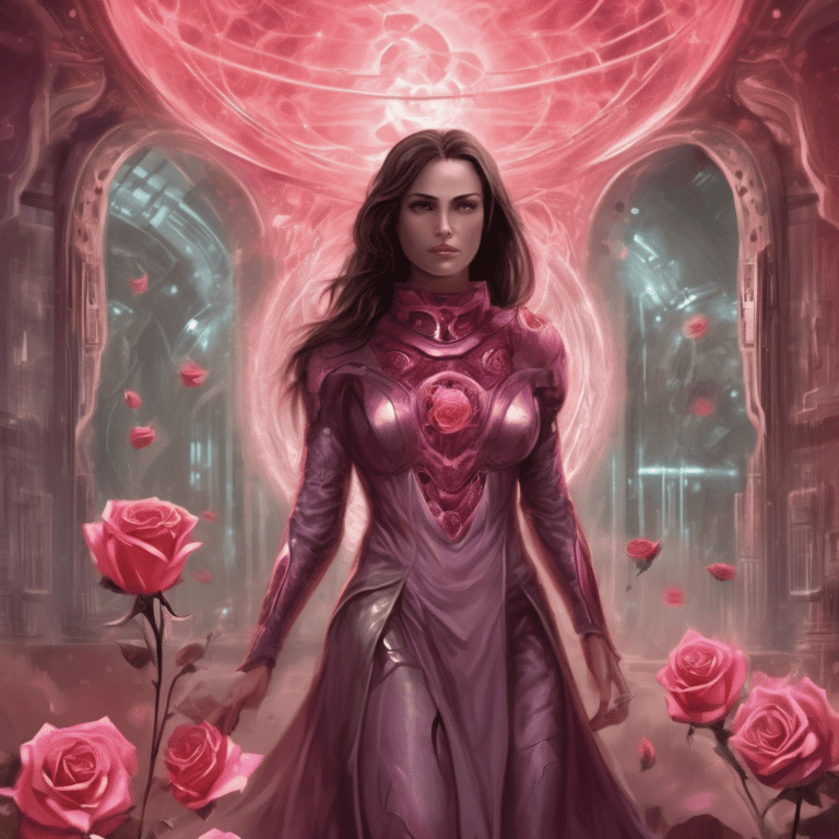 Imagined AI depiction of the book "The Quantum Rose" by Catherine Asaro, encapsulating the essence of this nebula-2002 award winning novel.