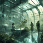 Imagined AI depiction of the book "Glasshouse" by Charles Stross, encapsulating the essence of this hugo-2007 award winning novel.