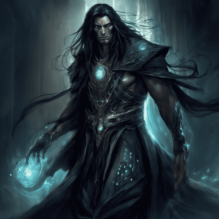 Imagined AI depiction of Nicodemus Archleone from "Skin Game" by Gene Wolfe, encapsulating the essence of this iconic archetype of Dark Wizard in the narrative.