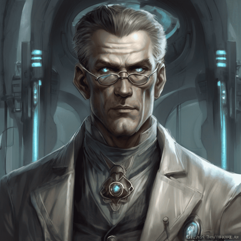 Imagined AI depiction of Dr. Traven from "Glasshouse" by Charles Stross, encapsulating the essence of this iconic archetype of Mastermind Scientist in the narrative.