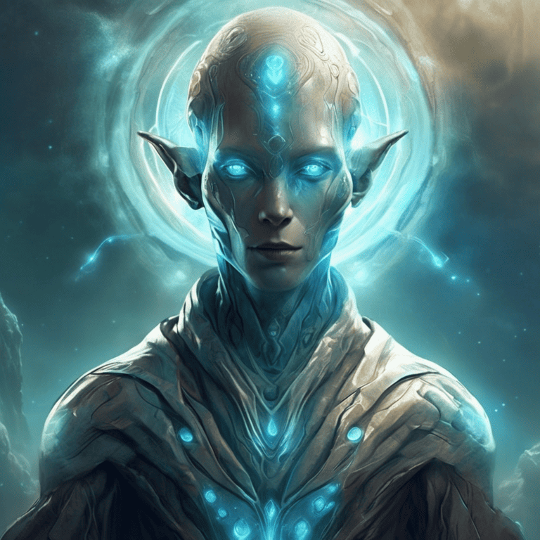 Imagined AI depiction of Xenovet from "Odyssey" by Jack McDevitt, encapsulating the essence of this iconic archetype of Alien Guide, Wise Mentor in the narrative.