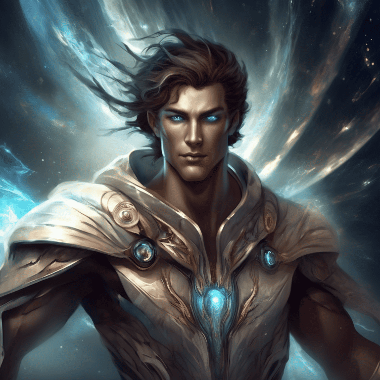 Imagined AI depiction of Apollo from "Saturn’s Children" by Charles Stross, encapsulating the essence of this iconic archetype of Enigmatic Benefactor in the narrative.