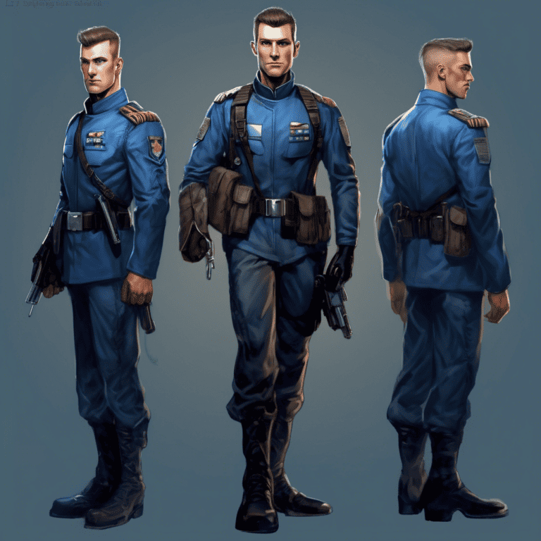 Imagined AI depiction of Lieutenant John J. Spurling from "Camouflage" by Joe Haldeman, encapsulating the essence of this iconic archetype of Dedicated Military Officer in the narrative.