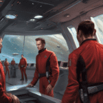 Imagined AI depiction of the book "Redshirts: A Novel with Three Codas" by Catherynne M. Valente, encapsulating the essence of this hugo-2019 award winning novel.