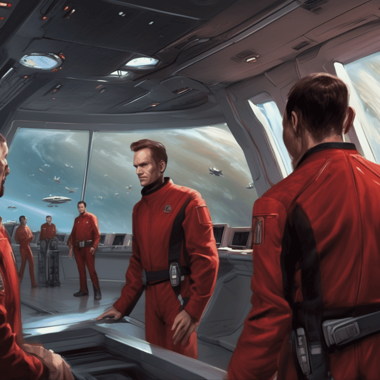 Imagined AI depiction of the book "Redshirts: A Novel with Three Codas" by Catherynne M. Valente, encapsulating the essence of this hugo-2019 award winning novel.