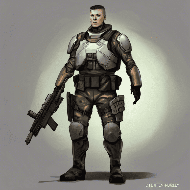 Imagined AI depiction of Dietz from "The Light Brigade" by Kameron Hurley, encapsulating the essence of this iconic archetype of Protagonist in the narrative.