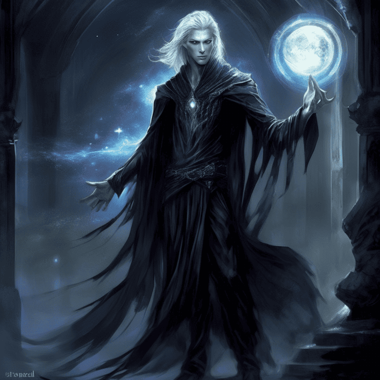Imagined AI depiction of Silas from "The Graveyard Book" by Neil Gaiman, encapsulating the essence of this iconic archetype of Mentor in the narrative.