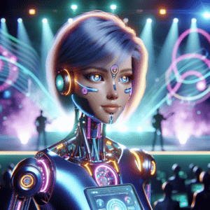 Imagined AI depiction of Vocaloid from "Fandom for Robots" by Vina Jie-Min Prasad, encapsulating the essence of this iconic archetype of Sidekick in the narrative.