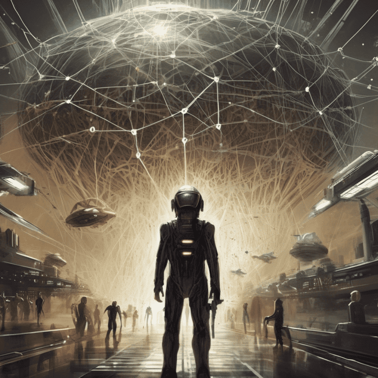 Imagined AI depiction of the book "Winner: Network Effect" by Martha Wells, encapsulating the essence of this nebula-2020 award winning novel.