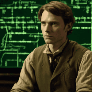 Imagined AI depiction of Lawrence Waterhouse from "Cryptonomicon" by J.K. Rowling, encapsulating the essence of this iconic archetype of Intellectual in the narrative.