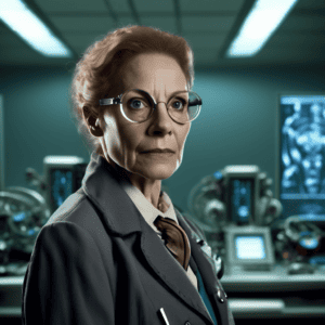 Imagined AI depiction of Dr. Catherine Teller from "Holy Fire" by Bruce Sterling, encapsulating the essence of this iconic archetype of {'value': 'Antagonist/Antihero', 'rendered': 'Antagonist/Antihero'} in the narrative.